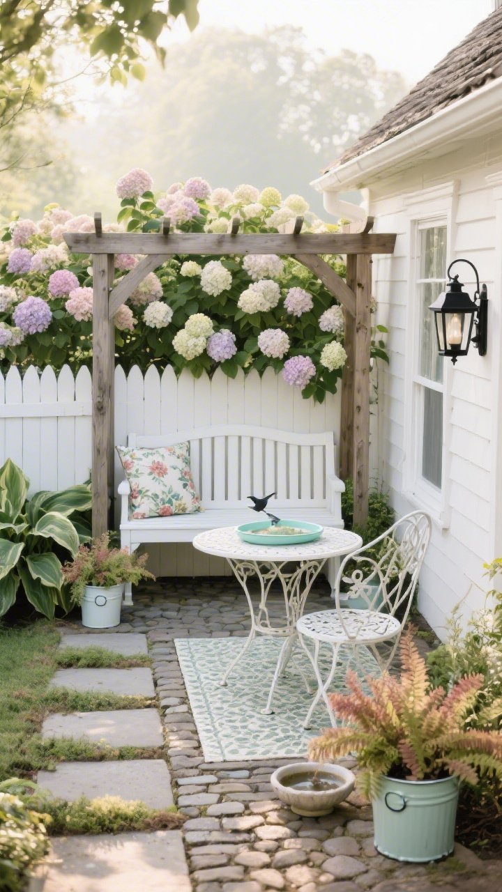 Medium shot of a cottage courtyard along a white-painted fence: blooming hydrangea bushes forming a lush backdrop; hostas tucked along a stepping path; white iron garden bench beneath a wooden arbor with a floral outdoor cushion; small round bistro table with a pale mint tray; cobblestone-look outdoor mat suggesting old-world charm; heuchera for color pops; classic black lanterns, enamelware planters, and a petite birdbath; soft morning shade, romantic mood.