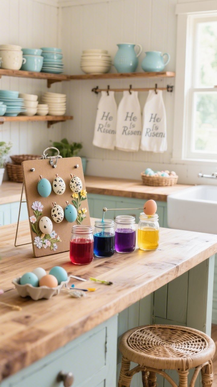 Medium shot of a cozy cottage kitchen island set up as an egg-blowing and dyeing station: butcher-block island with jam jars of natural dyes (beet red, blueberry purple, turmeric yellow), a scrap board drying rack with tiny nails holding speckled dyed eggs, pressed flower decals nearby. In the background, open shelves with stacks of pastel stoneware, peg rail displaying hand-stamped scripture tea towels reading “He Is Risen” in soft gray ink, farmhouse sink, wicker stools. Palette of robin’s egg blue, buttercream, and speckled brown, bright morning light, photorealistic.