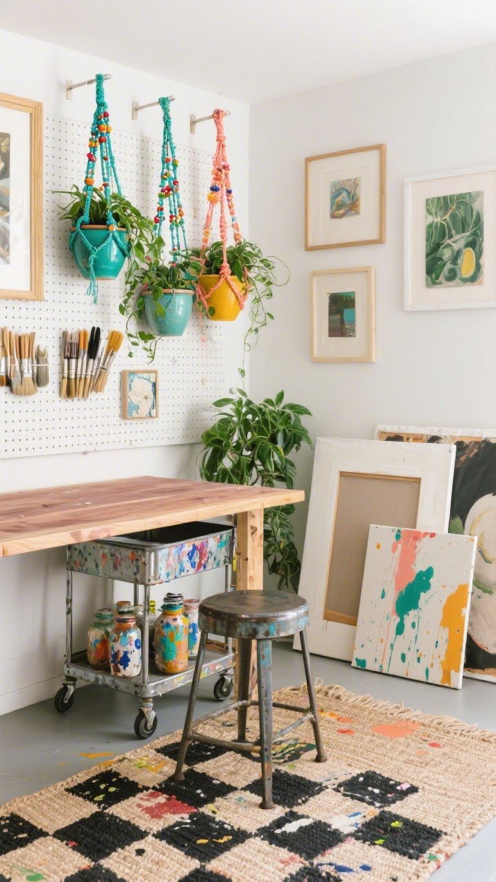 Medium shot of a creative studio corner with playful, gallery-style greenery: a pegboard wall holding brushes and frames, a butcher-block worktable below. Stagger colorful boho plant hangers—vibrant cords with beaded details and bold-glazed ceramic pots—like part of an art installation. Include a rolling metal cart with paint-splashed jars, oversized canvases propped in the corner, and an industrial stool. A splatter-friendly jute rug grounds the scene, with a checkerboard statement rug peeking from under the worktable for energy. Palette accents: cream, teal, mustard, coral pops. Photorealistic, angled perspective with soft studio daylight.
