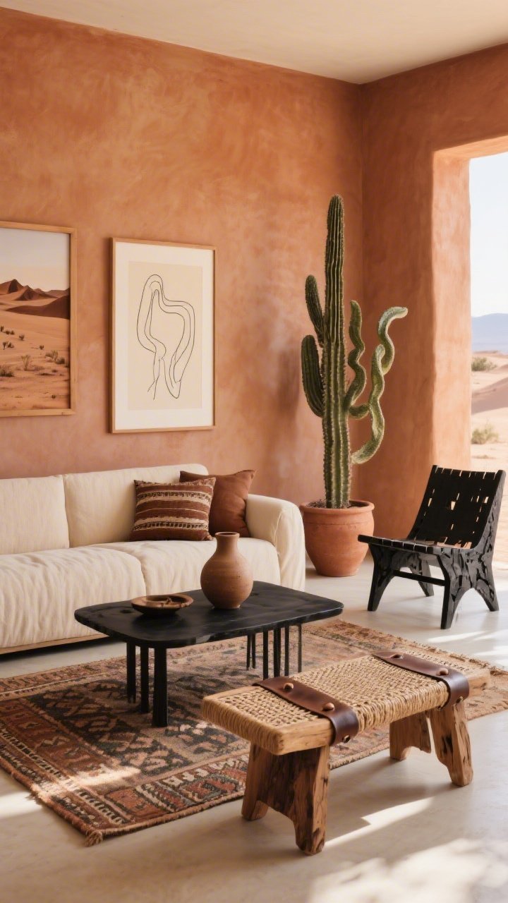 Medium shot of a desert modern living area with warm sand-colored walls, terracotta, umber, and matte black accents. A wide-armed bone linen sofa pairs with a black metal coffee table and a woven leather strap bench. Layer a Moroccan-style flat-weave rug underfoot and include a charred-wood sculptural accent chair. Art: minimal line drawings and desert photography in thin wood frames. Plants: a tall cactus or snake plant in a clay pot. Textures: mud cloth pillows, raw ceramic vases, rough-hewn side table. Sunlit yet cool ambiance; photorealistic, corner perspective.