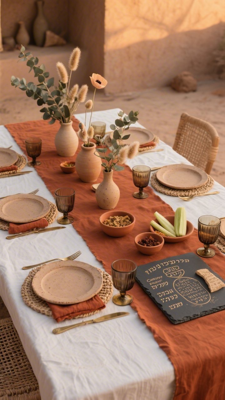 Medium shot of a desert modern Passover table with terracotta warmth: crisp white cloth topped by a terracotta runner, sand-colored stoneware plates with raw unglazed edges on reed placemats, linen napkins in rust or clay tones, antique brass flatware, and smoky glass goblets. Scattered low ceramic bud vases hold eucalyptus, dried bunny tails, and a few pale poppies. A slate board Seder plate with labeled ceramic dishes anchors the scene, with small terracotta bowls for charoset and maror spaced along the runner. Warm evening light, earthy palette, tactile textures; no people; photorealistic.
