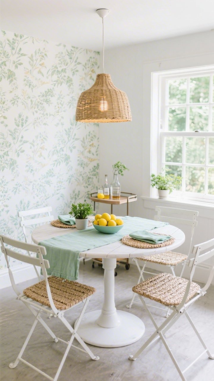 Medium shot of a fresh garden kitchen nook: round pedestal table with a white or light wood café-style bistro set (slim white metal chairs), single wall with botanical wallpaper behind, simple linen table runner, mint green napkins, woven placemats, small potted herbs on the table and windowsill, a bowl of lemons as the centerpiece, slim bar cart in the corner, rattan pendant overhead casting a gentle warm glow; palette crisp white, mint, lemon yellow, soft sage; intimate, airy, morning light