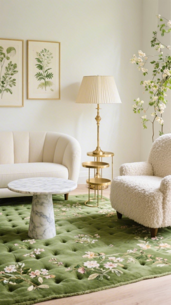 Medium shot of a garden-fresh lounge vignette: a sage green tufted rug with delicate floral motifs beneath a curved cream sofa. In front, a round marble pedestal coffee table; to the side, brass-trimmed nesting tables. Walls in warm white or barely-there sage with botanical prints in thin gold frames. A pleated lampshade on a brass base casts a warm glow. Textural contrast from a boucle accent chair partially in frame. Soft, romantic spring lighting, photorealistic.