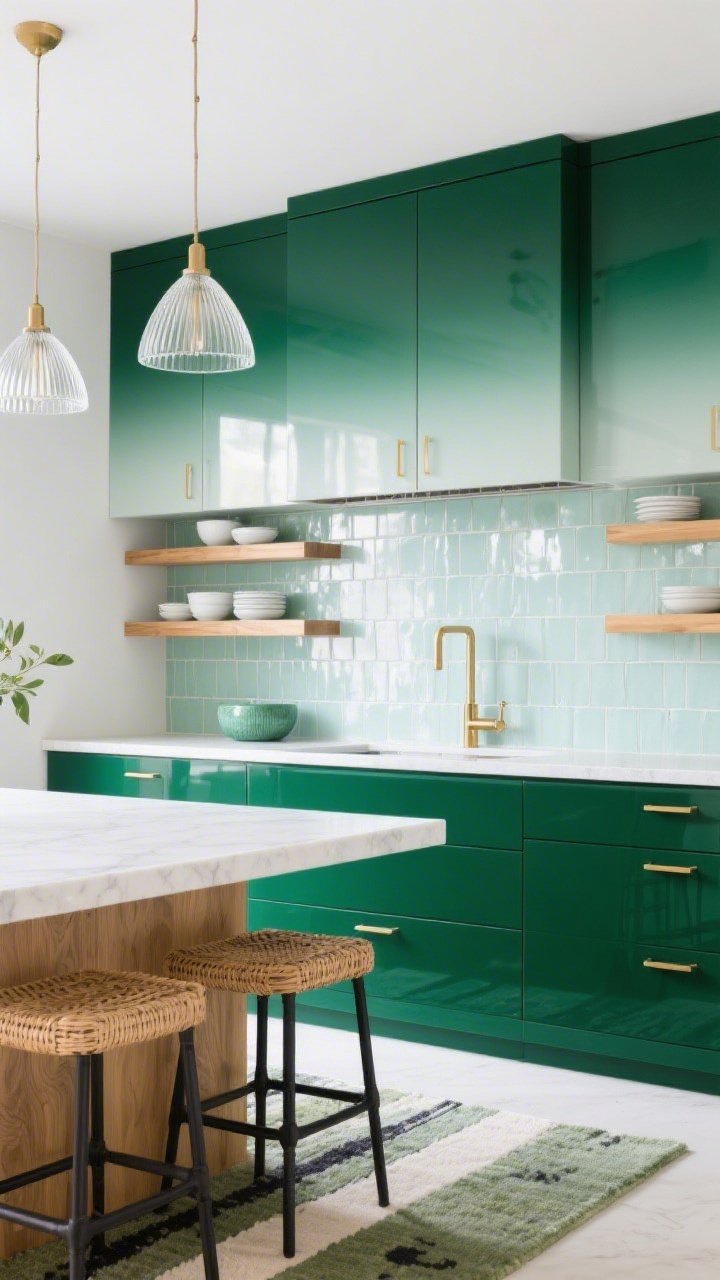 Medium shot of a glossy contemporary kitchen: lacquered gradient cabinetry shifting from deep bottle green base cabinets to soft eucalyptus uppers; backsplash of stacked ombré zellige tiles transitioning seafoam near the counter to moss under the hood; crisp white quartz countertops; brushed gold hardware catching light; open light-oak shelves with matte white dishes and a few jade-glazed bowls; natural rattan island stools with black metal frames; ribbed glass cone pendants shimmering like a gel topcoat; runner rug in faded sage, ivory, and charcoal; clean, reflective, photorealistic