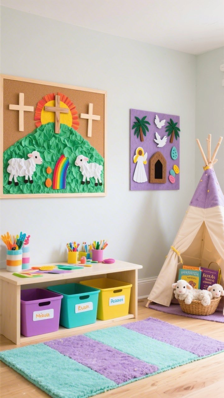 Medium shot of a kids’ playroom craft wall and table: low craft table with labeled bins and washable rug in primary brights plus mint and lavender. On the wall, a corkboard gallery of rainbow resurrection art—tissue-paper sunrise collages over a hill with three wooden-stick crosses. Nearby, a felt board arranged with Bible story felt pieces (lambs, palm leaves, tomb, angel, doves). A soft teepee in the corner with Easter books and a basket of plush lambs. Bright, playful lighting, tidy yet creative, photorealistic.