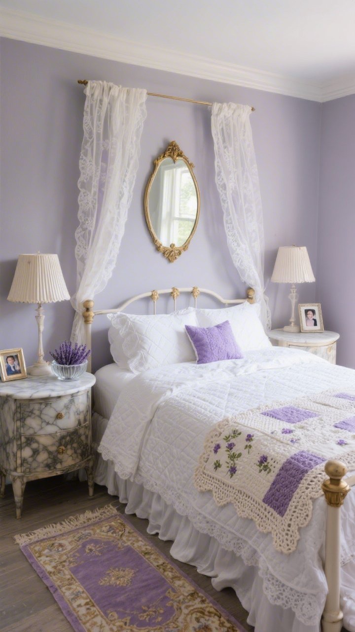 Medium shot of a Lace & Lavender Bedroom Retreat, soft diffused morning light: lavender-gray walls; high spool-style bed dressed in white matelassé, layered with a crocheted coverlet and a tiny-floral pieced quilt; sheer lace curtains puddling slightly on the floor; mismatched marble-top nightstands with delicate lamps featuring pleated shades; gilt mirror above the bed bouncing light; faded Persian-style runner at the foot; palette of lavender, ivory, antique gold, hint of mauve; detail accents including a lavender-filled sachet in a glass dish and framed family photos on a nightstand. Photorealistic, whisper-quiet mood.