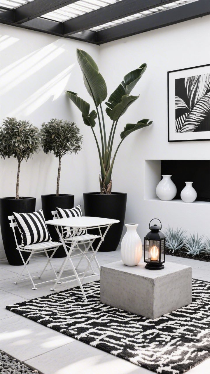 Medium shot of a modern black-and-white patio with strong contrast: matte black planter trio anchored by a sculptural yucca as focal point; white powder-coated metal bistro set with black-and-white striped cushions; sleek concrete side table; monochrome outdoor rug; black lantern with warm bulb glow; glossy white ceramic vases and a single graphic black-and-white outdoor print on the wall; include Snake Plant in a shaded pocket and a low border of hardy Ice Plant; clean lines, crisp daylight.