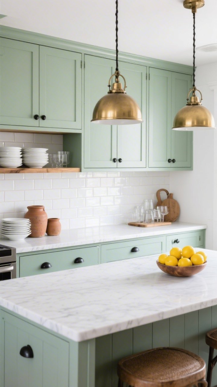Medium shot of a modern farmhouse kitchen island wall: mint green shaker cabinets in a durable satin finish with matte black hardware, honed white quartz countertops, glossy white beveled subway tile backsplash. Include exposed wood shelves styled with stacks of white dishes, clay crocks, pretty glassware, and a bowl of bright lemons. Over the island, two brass globe pendants provide warm illumination. Crisp white walls around the cabinets. Mixed-metal charm, clean and welcoming, photorealistic.