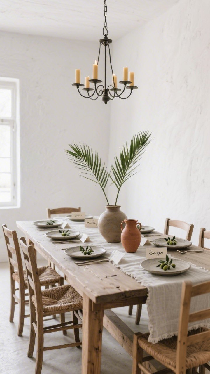 Medium shot of a monastic minimal dining room: long solid wood trestle table with simple ladder-back chairs, chalky white walls; single sculptural vase centered on the table holding tall date-palm leaves as the focal point; layered textures—terra-cotta pitchers, stoneware plates, raw-edge linen table runner; subtle place settings for Palm Sunday brunch with handwritten name cards and a small olive sprig on each plate; iron chandelier above with beeswax tapers giving warm flickering light; restrained palette of white, natural wood, soft gray, touch of green; photorealistic, calm atmosphere, eye-level perspective.