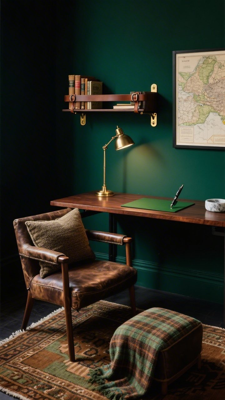 Medium shot of a Moody Study desk wall: deep bottle green (nearly black) walls, a rich mahogany desk, and a worn leather reading chair. Feature a custom floating shelf with leather strap brackets like a sleek belt across the wall. Add brass-trimmed bookends, a classic banker’s lamp casting a focused pool of light, and a framed vintage map. Textiles: tweed cushion on the chair, plaid throw over a footstool. Kilim rug in tobacco and olive underfoot, with a green blotter pad, fountain pen, and small marble catchall on the desktop. Low, intimate lighting. Photorealistic.