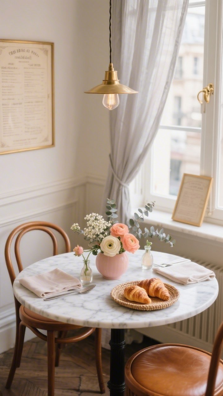 Medium shot of a Parisian Breakfast Nook, angled from the corner toward a window: a round marble bistro table with two bentwood chairs featuring caramel leather seats, a slim brass pendant glowing softly overhead like champagne; sheer café curtains diffusing morning light on the windowsill, a framed vintage menu leaning casually; centerpiece is a low ranunculus compote in sorbet tones (peach, blush, buttercream) with waxflower and silvery eucalyptus, arranged loose and airy; each place setting has a tiny bud vase and linen napkin on a woven tray with croissants; color story of cream, blush, soft gold, pale gray; warm morning light, photorealistic.