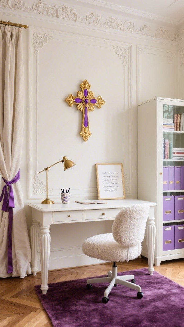 Medium shot of a Parisian-inspired home office, straight-on: creamy walls with intricate crown moulding and panel details; centered above a slim ivory desk with fluted legs hangs a gilded floral cross, antique gold with lilac enamel petals; on the desk, a brass task lamp, a ceramic pen cup, and a framed soft-script quote; underfoot, a plush plum rug; a bouclé swivel chair in cloud white at the desk; to the side, a glass-front cabinet showing neatly stacked linen-bound journals and violet file boxes; ribboned drapery and herringbone wood floors visible; palette of ivory, antique gold, plum, lilac; elegant, focused, photorealistic.