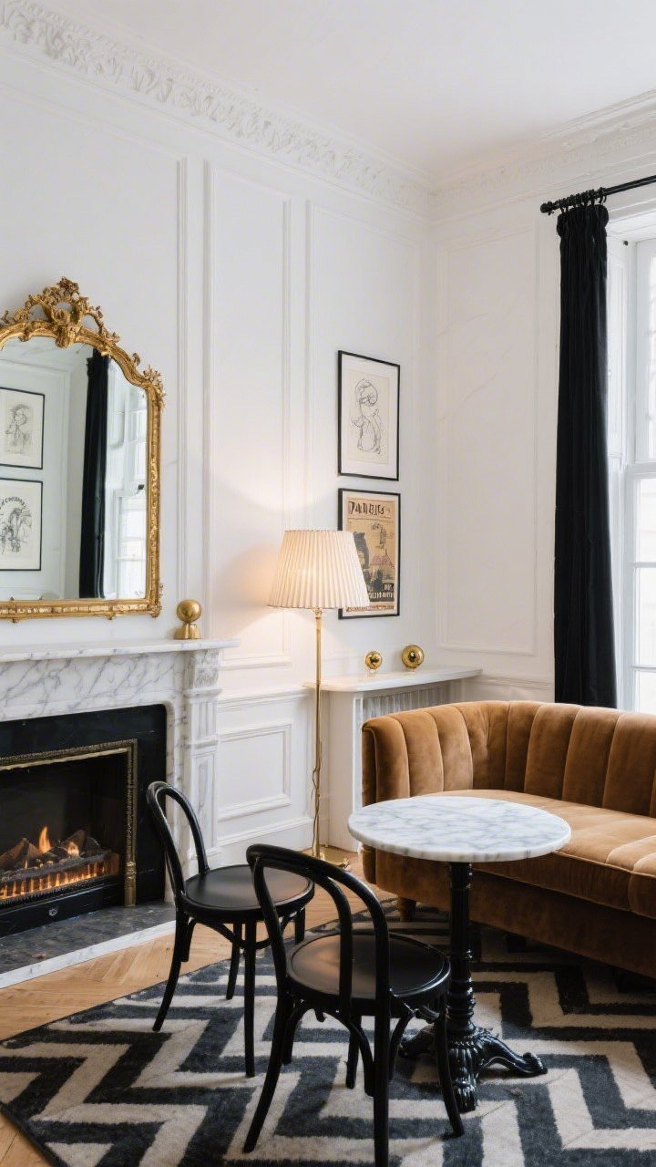 Medium shot of a Parisian-inspired sitting area: Crisp white walls with tall baseboards, faux fireplace mantel topped by a large gilded mirror reflecting light; camel velvet sofa, marble-topped cafe table with two black bistro chairs; herringbone rug on floor; black window trim (or thin black curtain rods) adding contrast; pleated shade floor lamp casting warm glow; salon-style gallery wall with etchings, line drawings, vintage posters; unlacquered brass knobs on a slim console; elegant, timeless, photorealistic.