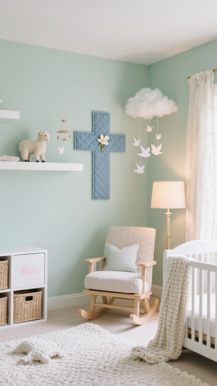 Medium shot of a pastel nursery nook from a gentle side angle: walls painted tender pistachio, white cloud shelves floating above a cozy glider; above the crib, a padded fabric cross in quilted chambray with a tiny embroidered lily at the center; hand-knit lamb on a shelf, mobile of paper doves hanging; textiles include muslin curtains, chenille rug, waffle-knit blanket; dimmable linen-shaded floor lamp casting soft, peaceful light; white cubbies with woven bins labeled in pastel script; serene, safe, photorealistic, no people