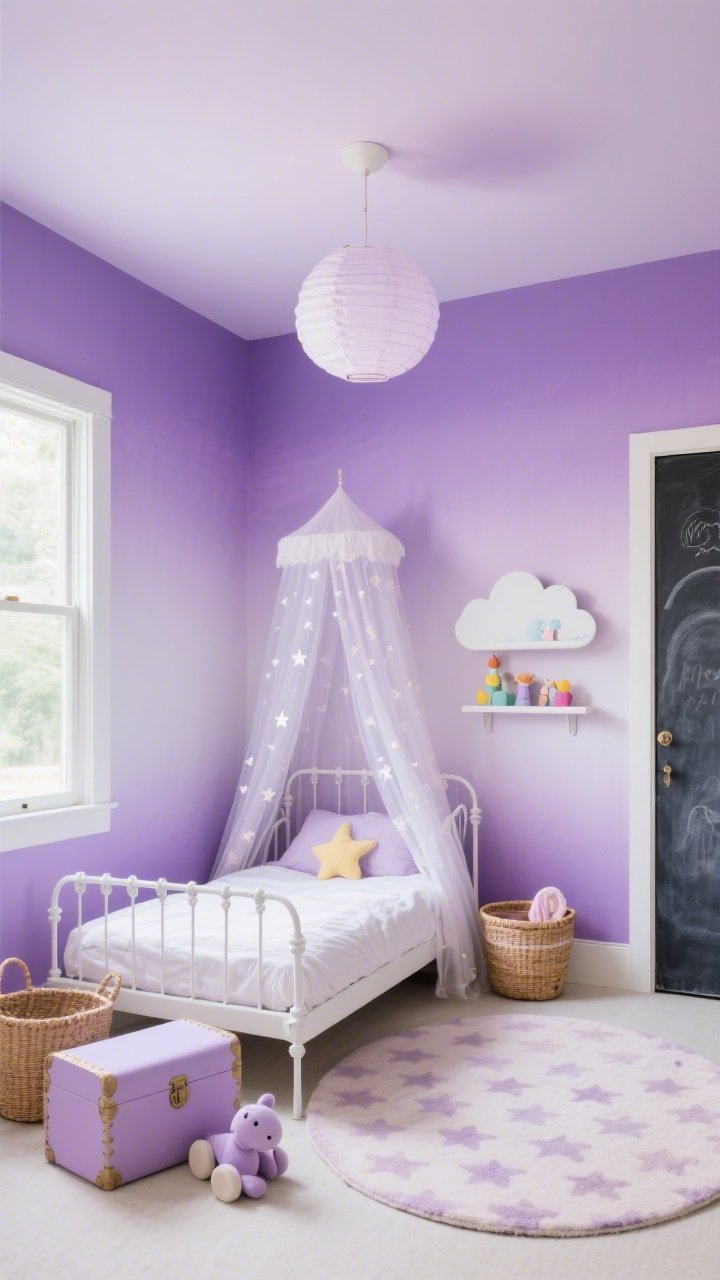 Medium shot of a playful kids’ room wall featuring a lavender ombre that fades from deep lilac at the baseboards to a misty pastel near the ceiling; white metal canopy bed with gauzy curtain, star-patterned rug, and cloud-shaped shelves; cheerful woven baskets and a soft lavender toy trunk under the window; ceiling tinted pale lavender with a paper lantern pendant creating a floating cloud effect; chalkboard-painted closet door visible at the edge; bright, whimsical daylight, photorealistic.