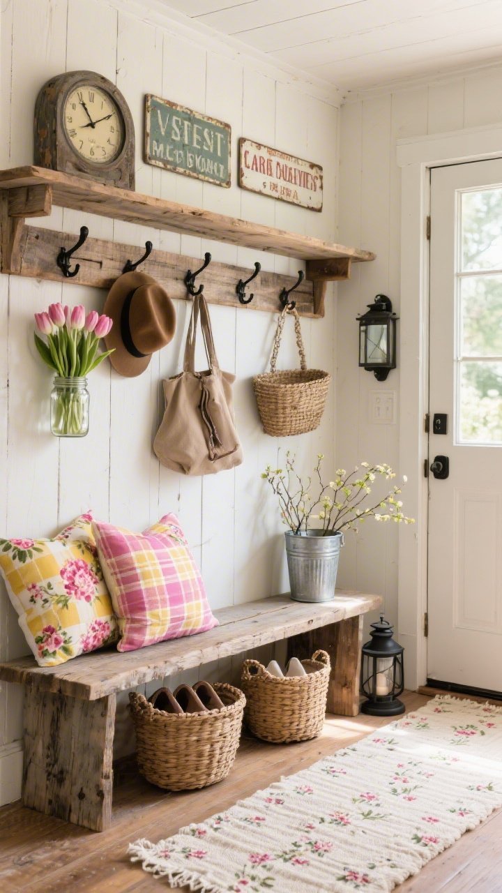 Medium shot of a rustic farmhouse entry bench wall: weathered wood bench piled with plaid and floral throw pillows in cheerful pinks and yellows; beneath, two woven baskets for shoes. Above the bench, a chunky shiplap shelf with black iron hooks holding hats and bags. On the shelf, mason jars filled with tulips and a galvanized bucket with budding branches; on the wall nearby, enamel signs, a vintage-style clock, and a reclaimed-wood mirror. Floor shows a hand-loomed cotton runner in micro-check or tiny florals. Add a black metal lantern by the door. Warm, welcoming, spring market vibe with natural daylight.