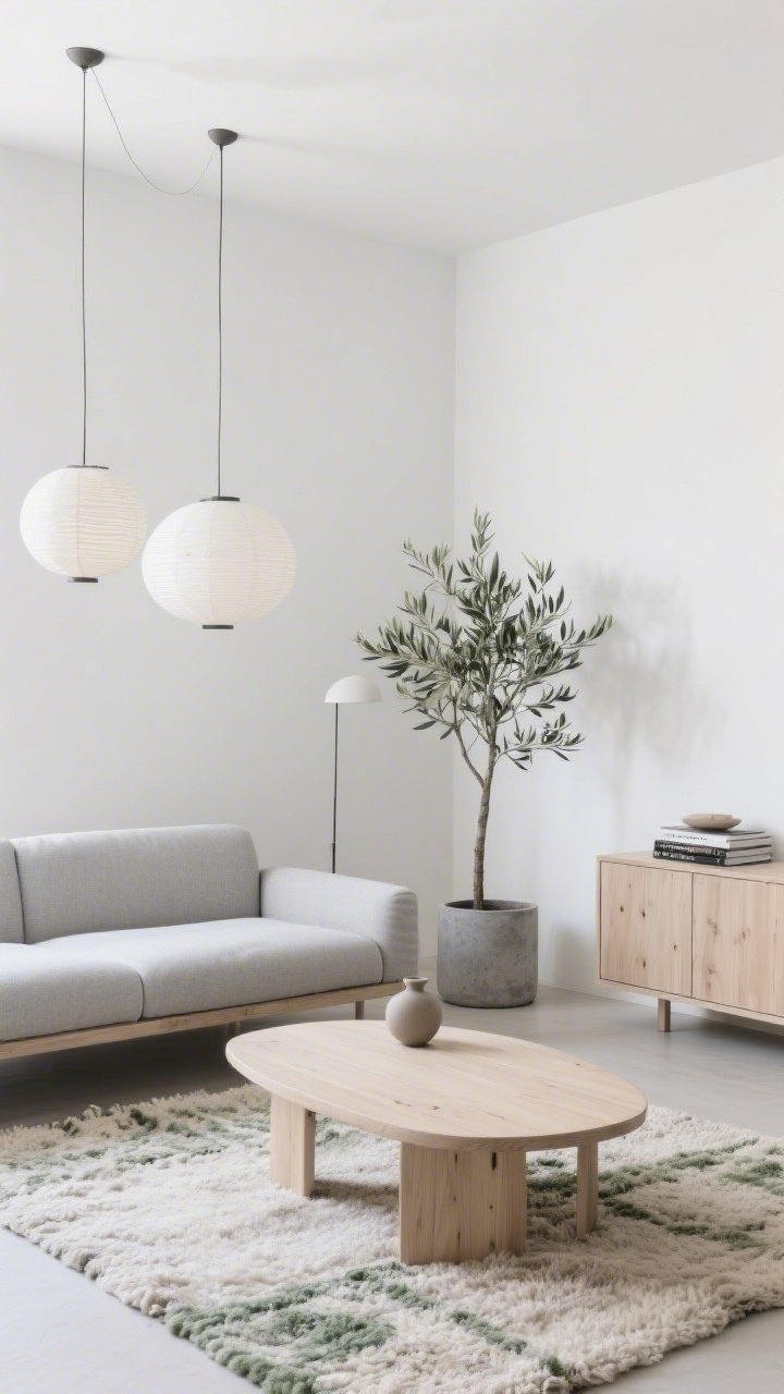 Medium shot of a Scandinavian minimalist living corner with white walls and ash wood accents. A slim-profile light-gray sofa sits on a nubby wool rug, paired with a pale ash-wood coffee table with rounded corners. A wall-mounted, handleless credenza provides hidden storage. Include an olive tree in a concrete planter, a small stack of design books, and tactile materials: bouclé, linen, wool, matte ceramics. Lighting features paper lantern pendants overhead and a slender floor lamp with a domed shade. Palette: cloud gray, oat, bone, hint of forest green. Clean, serene, photorealistic, soft natural daylight, corner angle.