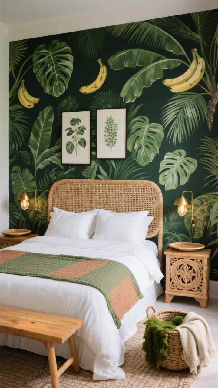 Medium shot of a serene bedroom accent wall in deep green tropical leaf wallpaper with oversized palms, banana leaves, and hints of monstera behind a natural rattan headboard; crisp white linen bedding layered with a muted olive-and-clay quilt; light mango wood bench at the foot of the bed; brass bedside sconces giving soft, firefly-like glow; cane, linen, and raw wood textures visible; woven trays on nightstand, botanical prints above, carved side tables; basket of throws in moss and ecru on the floor; cool, leafy, greenhouse ambiance, photorealistic.