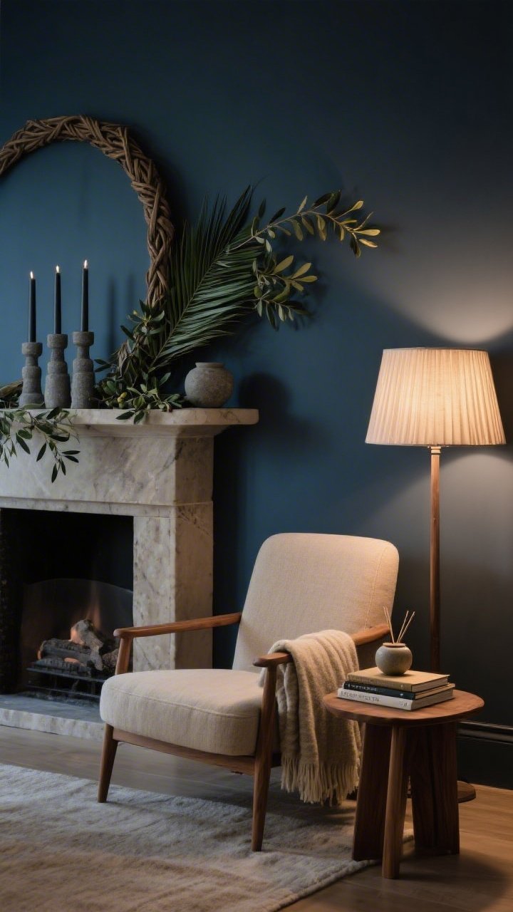 Medium shot of a serene mantel and reading corner from a slight side angle: an oatmeal-fabric slim slipper chair with a folded wool throw over the arm, a walnut side table holding linen-bound books, and a floor lamp with a pleated shade casting soft diffusion; mantel styled with interwoven palm leaves and olive sprigs, plus a trio of charcoal taper candles in stone holders; a compact ceramic incense holder nearby; deep, calming palette of ink blue, taupe, moss, and charcoal; evening ambience with focused pools of light, photorealistic, no people.