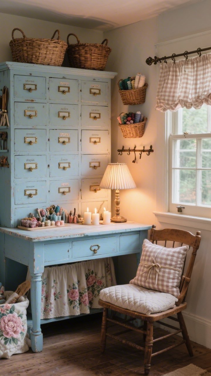 Medium shot of a vintage cottage craft nook: a painted farmhouse table in soft robin’s-egg blue, lightly distressed; behind it, a tall apothecary-style cabinet with many small drawers labeled for beads, threads, and tools; floral textiles throughout—a skirted table, quilted seat cushion, and a gingham Roman shade at the window; peg rails on the wall with wicker baskets for storage; a vintage wooden chair with a plush cushion and a tied-on lumbar pillow; pleated-shade table lamp lit warm, with a few candles adding cozy glow; palette of dusty blues, cream, blush, and aged brass hardware; charming, nostalgic mood; corner-angle perspective, photorealistic, evening warm lighting.