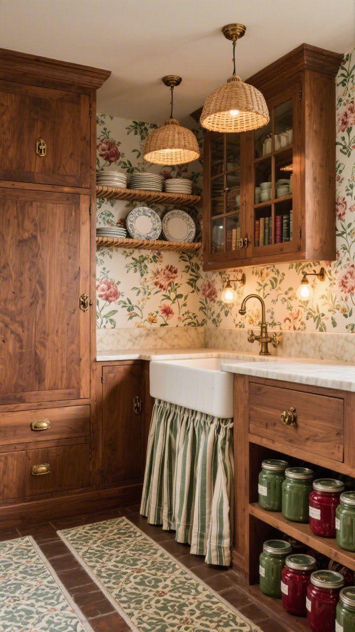 Medium shot of an English pantry nook: inset wood cabinetry in medium walnut stain with antique brass latches; butler’s pantry lined in liberty-style floral wallpaper; plate racks stacked above a Belfast sink; skirted base cabinet in ticking stripe; creamy quartzite counters; glass-front pantry cabinet with small library lights glowing above; rattan pendants and patterned runners along the floor; stacked preserve jars adding color accents of sage and cranberry; warm, hospitable ambient lighting, no people, photorealistic.