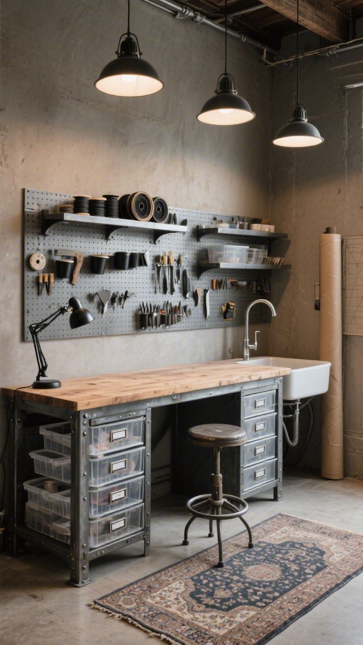 Medium shot of an industrial craft workshop zone: a steel-framed workbench with thick butcher-block surface centered; galvanized shelving with matte-black hardware along the wall; warm cement gray walls; a vintage Persian-style runner on the floor for warmth; on the back wall, a perforated metal pegboard holding tools, spools, and magnetic cups with bits and blades; a side utility sink with gooseneck faucet visible to one side; drafting stool with adjustable height and supportive foot ring at the bench; overhead barn-style pendants casting focused pools of light plus a jointed task lamp on the bench for precision; labeled metal drawers, stacked clear bins, and a vertical kraft paper roll holder; rugged, tidy, ready-for-big-projects mood; corner-angle perspective, photorealistic.