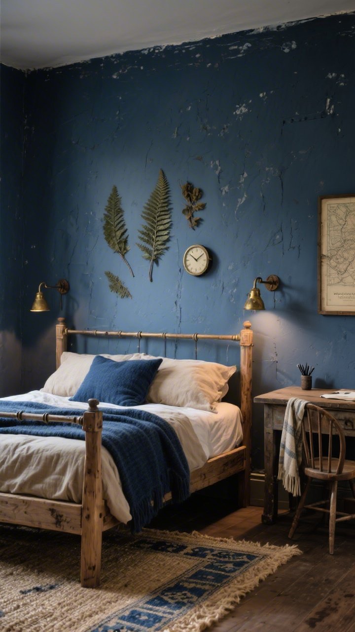 Medium shot of “Rustic Poet’s Nook” bed wall: stormy blue limewashed walls (ink-meets-slate, chalky texture) behind a raw oak bedframe. Bed layered with flax linen bedding in oatmeal, topped with a navy wool blanket and indigo-dyed pillows for depth. On either side, industrial-leaning sconces with aged brass arms cast moody, directional light. Floor shows a natural jute rug layered with a tiny indigo kilim at the bedside. To one side, a vintage writing desk with ink stains and a spindle chair draped with a shawl. Art on the wall: pressed fern specimens, an old map, and a small mantle clock. Dusk-like, contemplative mood.
