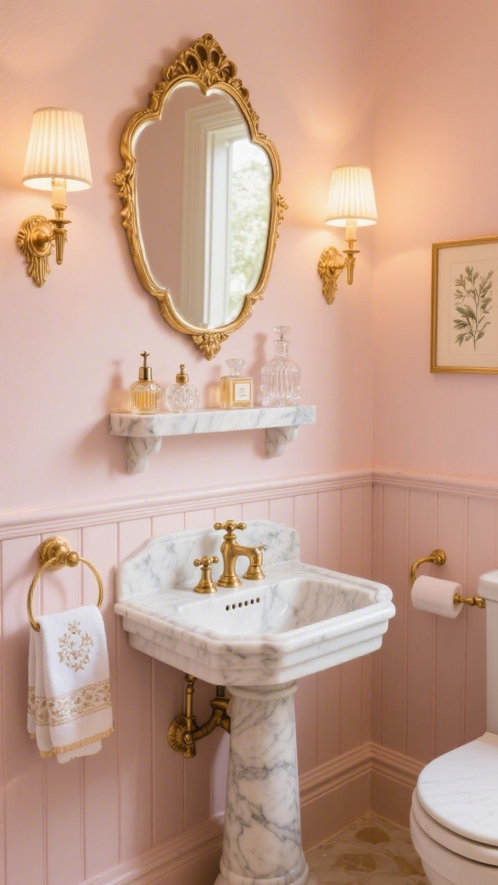 Medium shot, Parisian Glam Powder Room: Photorealistic powder room corner with molded wainscoting below and soft blush paint above; a petite marble pedestal sink with cross-handle taps in view. Above the toilet, a veined Carrara marble corner perfume shelf holds vintage atomizers and cut-crystal bottles. A scalloped gilded mirror reflects the flicker from two art-deco fluted sconces, bathing the scene in warm antique-gold light. Include embroidered linen hand towels and a petite framed botanical etching leaned casually behind the bottles. Palette: blush, ivory, antique gold, marble white. Slight corner angle to show depth and glow.