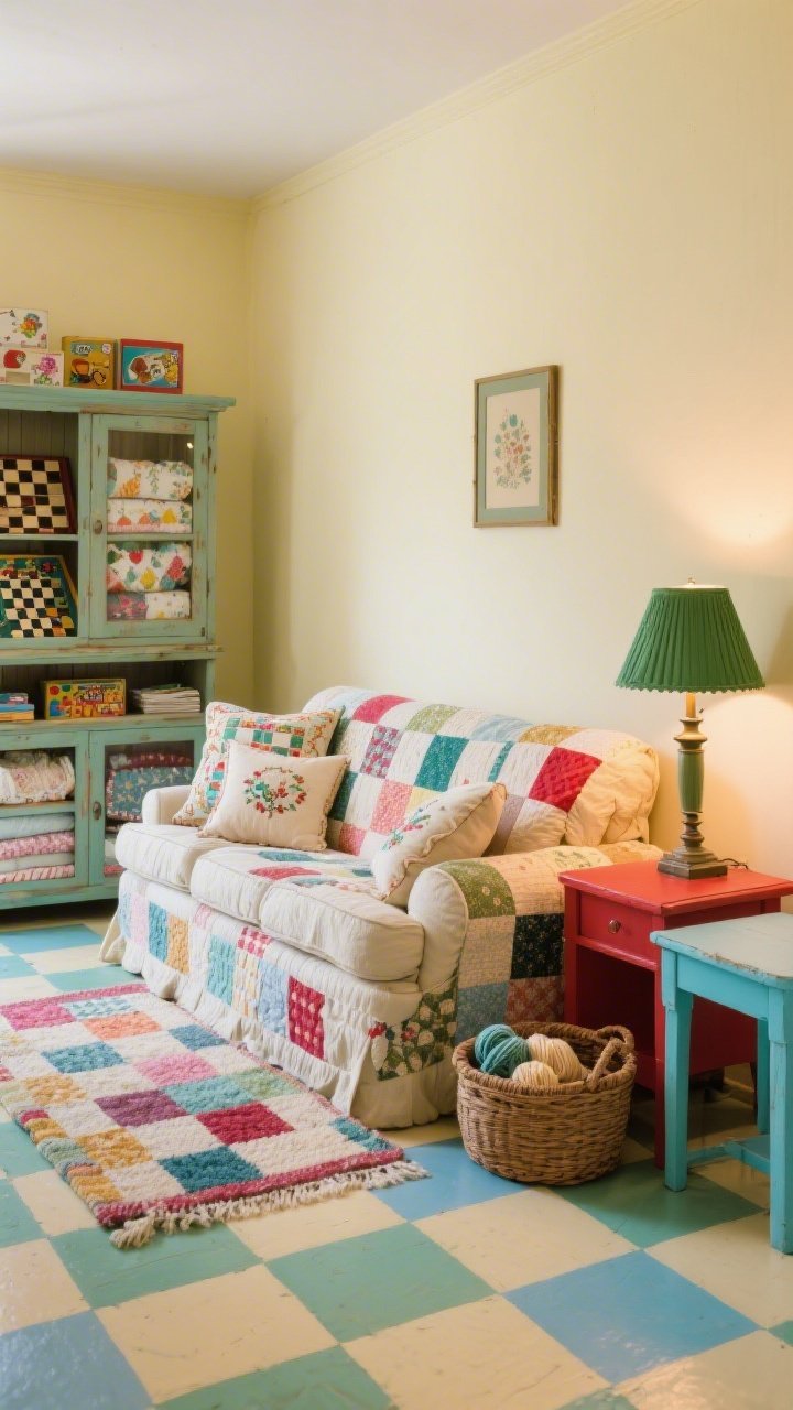 Medium shot, Patchwork Quilt Den sofa vignette: buttercream walls and a hand-painted checkerboard floor set a cheerful tone. A plush, overstuffed sofa draped with a vintage patchwork quilt, stacked embroidered cushions, and a hooked rug underfoot. A painted pine hutch stores board games and quilts; mismatched side tables in robin’s egg blue and cherry red. A green-shaded banker’s lamp glows on a side table; a basket of knitting rests by the sofa. Warm, playful lighting, cozy and lived-in.