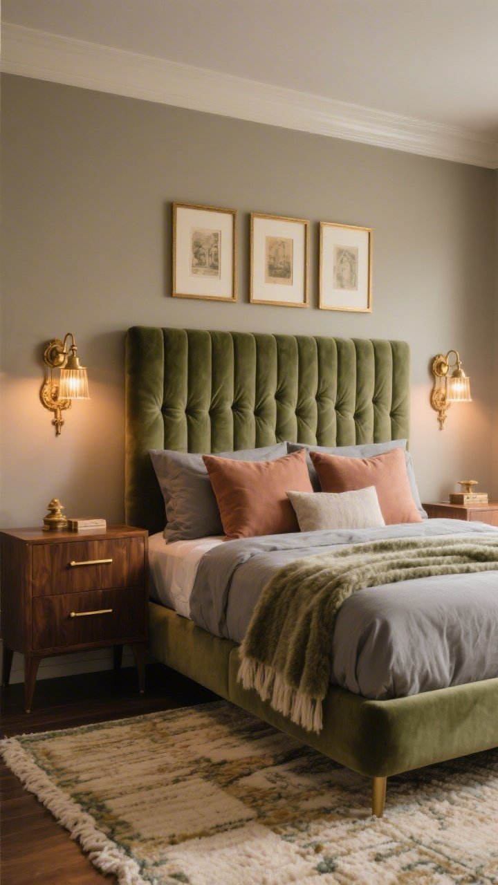 Medium shot, quiet luxury bedroom vignette: a sage velvet channel-tufted headboard as focal point, flanked by antique brass sconces casting a warm glow; bed layered with a stone-gray duvet, sage euro shams, and a mohair throw at the foot; walnut nightstands with slender brass pulls; warm greige walls; slim brass gallery frames with vintage art above; a plush cream-and-sage hand-knotted rug visible at bedside; evening ambient lighting; no people; photorealistic.