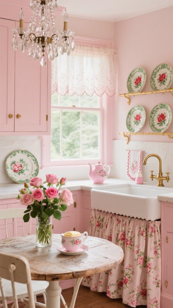 Medium shot, romantic rose-tinted cottage: cabinets in barely-there blush; skirted sink base in soft floral chintz fluttering slightly; plate rails curving around the room displaying rosy red and ivy green transferware; petite bistro table with scuffed oak top holding a vase of cut garden roses; lace valance at the window diffusing light; countertop styled with pink salt cellar, porcelain butter dish, well-loved teapot; brass swan faucet, embroidered tea towels, scalloped edges visible; crystal-drop chandelier adding a subtle sparkle; palette blush, ivory, moss, antique gold; gentle afternoon glow, straight-on view.