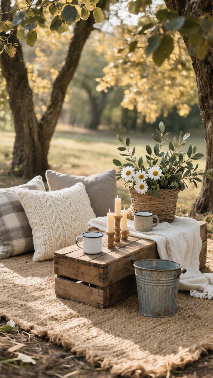 Medium shot – Rustic Farmhouse Grove With Earthy Textures: A shady picnic nook beneath trees, grounded by a thick jute rug. Layered on top: a cream cable-knit blanket, oversized linen floor pillows, and a faded plaid throw. A low wooden crate serves as a makeshift table holding enamel mugs and stoneware. A weathered basket overflows with eucalyptus, olive branches, and white daisies; beeswax tapers in stubby holders and a linen runner complete the rustic styling. Late-afternoon sunlight filters through leaves, casting golden dappled shadows across oat, flax, warm gray, and soft white tones. Materials: jute, reclaimed wood, tin, stoneware. Perspective: straight-on eye level.