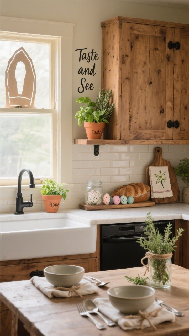 Medium shot, Rustic Kitchen With Resurrection Herb Bar: warm wood cabinetry, matte black hardware, creamy subway tile backsplash, apron-front sink; mounted slim shelf as a Resurrection Herb Bar with terracotta pots stamped “Faith, Hope, Love” holding basil, rosemary, thyme; above, a narrow hand-painted script sign reading “Taste and See”; countertop vignette with a wooden breadboard, linen towel cross-stitched with a lily, glass jar of dyed speckle eggs in desaturated pastels; window with a DIY paper-cut empty tomb silhouette along the bottom pane glowing in morning light; table set with simple stoneware bowls, vintage silverware, napkins tied with twine and a sprig of thyme; fresh, fragrant, symbolic mood; no people, photorealistic.