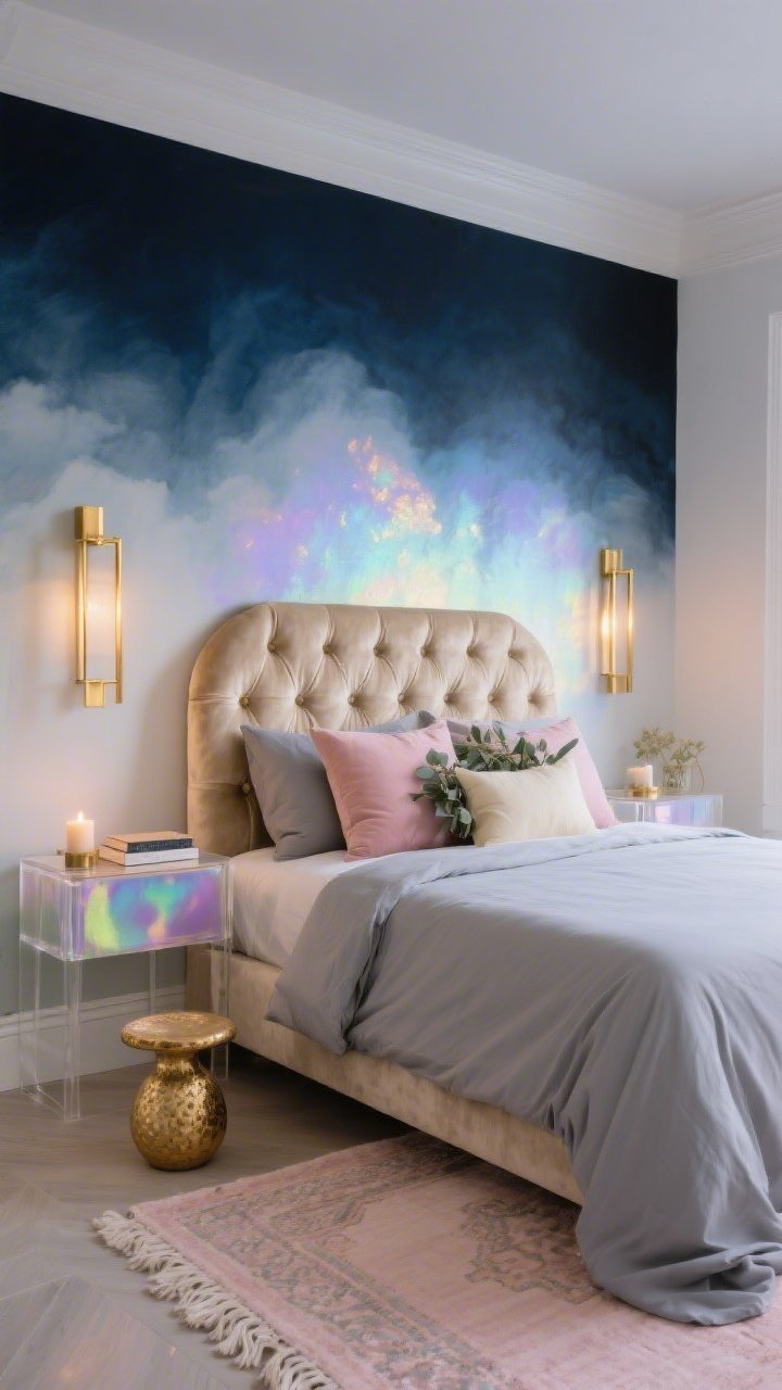Medium shot, serene “Iridescent Bedroom With Gold-Leaf Dreams”: dove-gray linen bedding on a tufted champagne velvet headboard; slim brushed gold sconces casting warm washes of light; opposite wall shows a moody ombre mural fading from twilight blue at the baseboards to cloud-white at the ceiling; iridescent acrylic nightstands catching subtle color shifts; throw pillows in dusty rose, eucalyptus, and buttercream; pale blush Moroccan rug with fringe; a petite gold ceramic stool in the corner with a candle and book; photorealistic, evening glow, tranquil and sparkling.