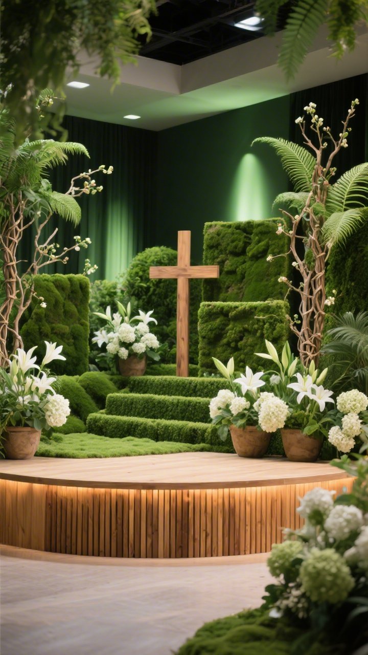 Medium shot, slightly elevated perspective of “Garden of New Life”: a lush living-garden stage with layered artificial boxwood hedges, tall planters of ferns, and swaths of moss panels adding texture; woven branches with delicate buds, white lilies and hydrangeas tucked throughout; a natural oak cross at center; stage edge wrapped in warm slatted wood; greens-on-greens with crisp white florals and raw wood accents; soft green uplights behind foliage with a warm front wash keeping faces natural (no people present); fresh, joyful, three-dimensional depth; photorealistic.