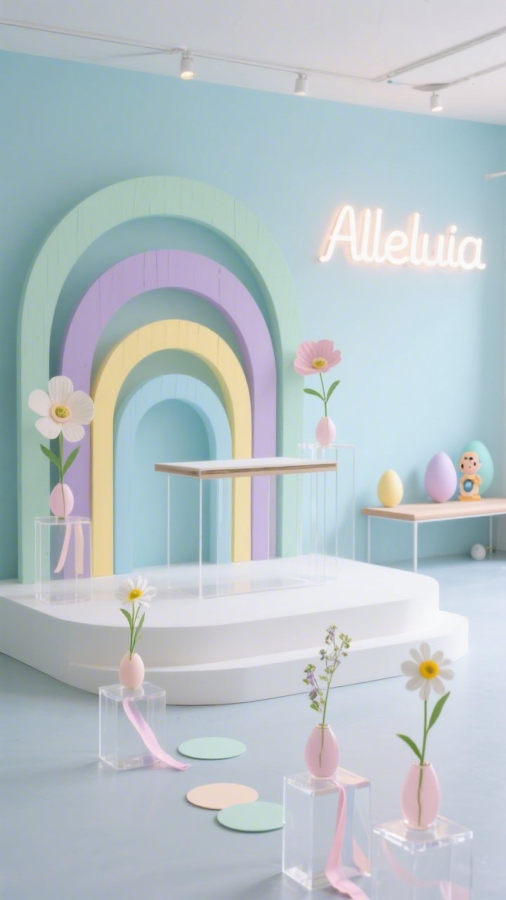 Medium shot, slightly elevated straight-on view of a Joyful Pastel Modern altar area: geometric backdrop of painted plywood arches in staggered heights, matte white base with pastel tones—mint, lavender, butter yellow, and sky; playful paper floral installations; clear acrylic pedestals holding pastel bud vases with single stems (anemones, sweet peas, daffodils); minimalist aisle markers featuring acrylic disks, pastel ribbons, and a single daisy; a slim neon-style “Alleluia” sign in warm white visible off to the side; kid-friendly photo corner hinted in background with pastel eggs and a modern bench. Lighting is a soft wash in pale blue fading gently to mint at the altar; clean Scandi-modern vibe; photorealistic, airy and cheerful.