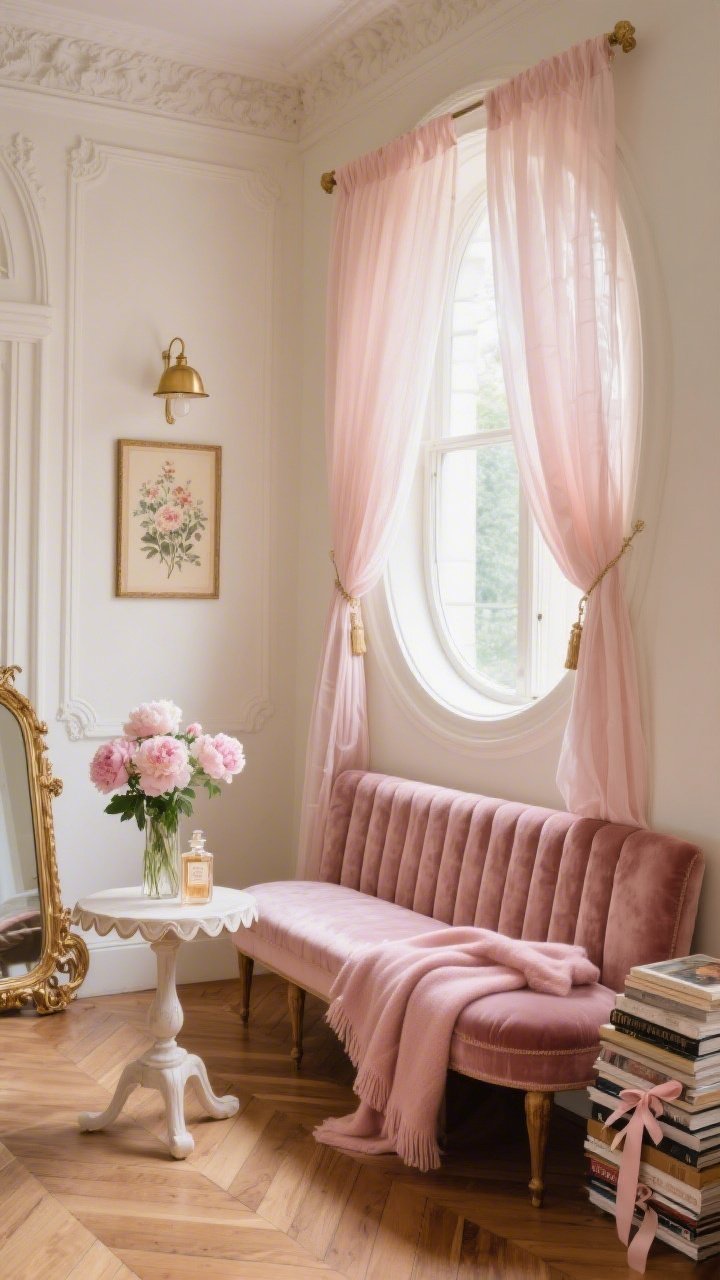 Medium shot, slightly low angle: Parisian romance around a circular window draped with sheer blush curtains filtering afternoon light. Moulded walls in pearl cream with fluted trim around the window. The bench is upholstered in dusty-rose velvet, subtly gleaming. Above, a petite brass picture light highlights a vintage floral print. A scalloped side table holds fresh peonies and a decorative perfume bottle. Oak parquet flooring in herringbone pattern adds warmth. Include a gilded mirror leaned nearby, a neat stack of art books tied with ribbon, and a ballet-pink cashmere throw draped at the edge. Soft, elegant glow.
