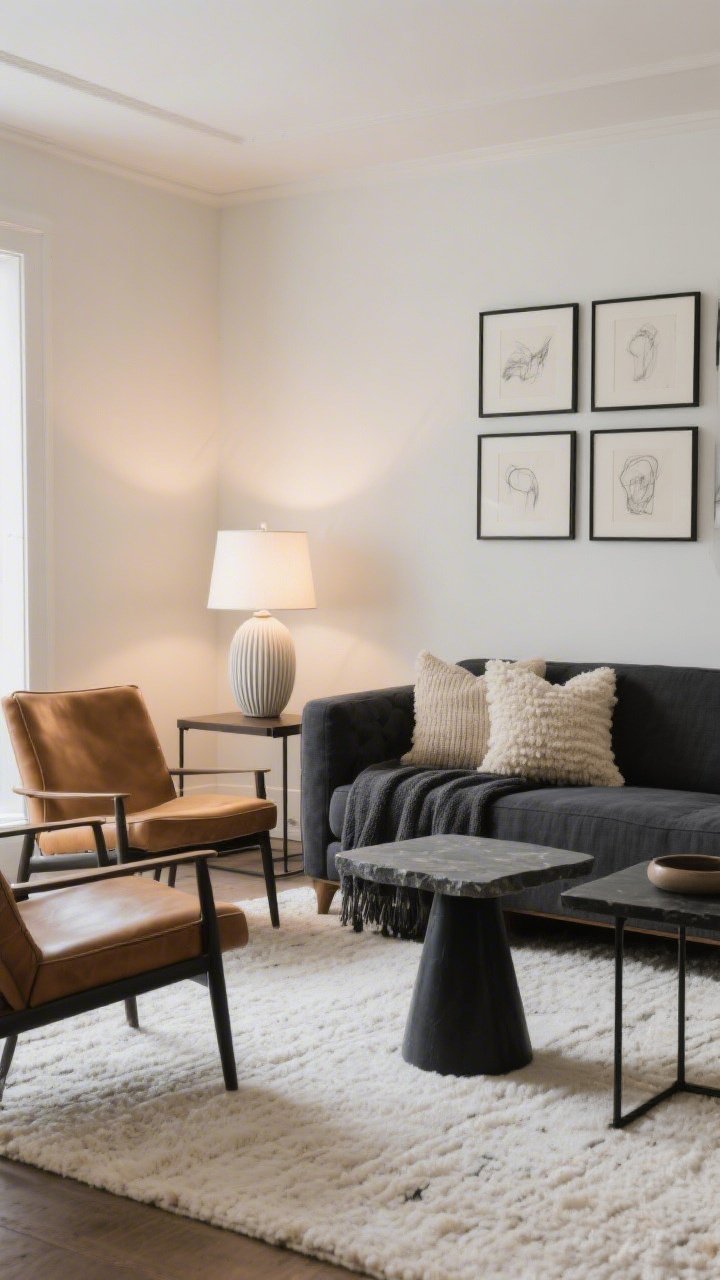 Medium shot, Smoky Charcoal Meets Cozy Cream: a warm white walled seating area featuring a charcoal linen sofa, two camel leather accent chairs, and a matte-black metal coffee table with a honed stone top on an ivory flatweave rug. Black-framed gallery art of soft graphite sketches aligned on the wall. A ribbed ceramic table lamp with a warm white bulb glows on a side table; a charcoal chenille throw and creamy bouclé pillows add texture. Palette: charcoal, ivory, camel, soft black. Materials: linen, leather, honed stone, blackened steel, ceramic. Soft evening ambience, corner angle.