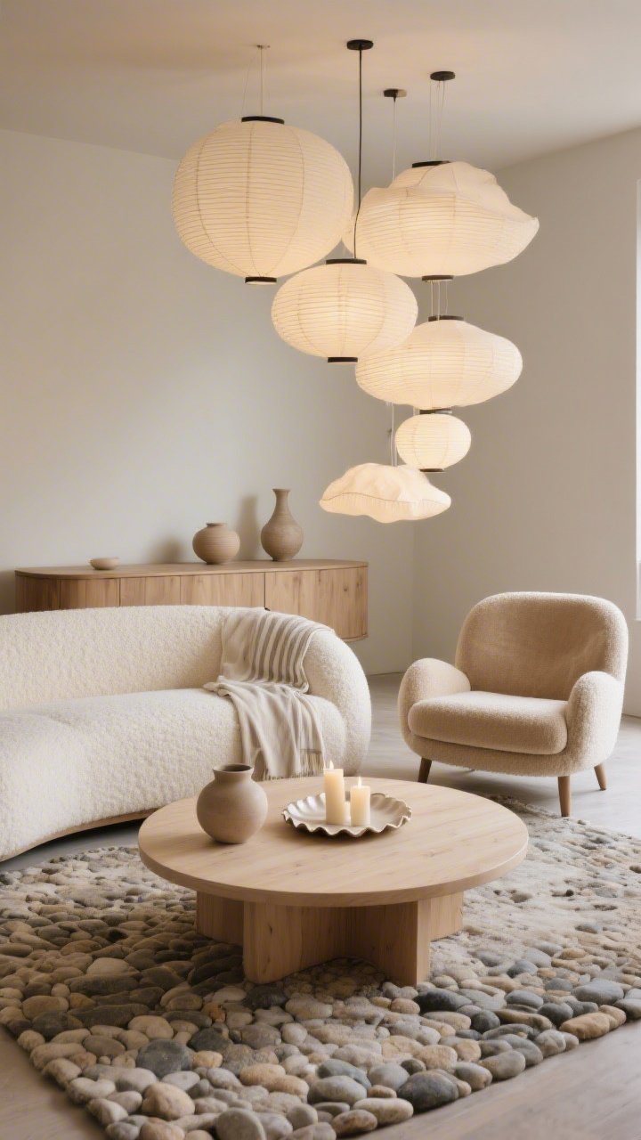 Medium shot, Soft Neutrals with Curves and Cloud Lighting: a rounded-edge creamy boucle sofa paired with a pill-shaped pale oak coffee table; curvy accent chair in mushroom velvet to the side; overhead cluster of rice paper lanterns at staggered heights creating a dreamy diffuse glow; rounded, ribbed sideboard along the back wall; pebble-toned rug anchoring the scene; neutral ceramic vessels and a scalloped tray with candles on the table, linen throw with subtle pinstripes draped over sofa arm; color palette cream, pebble, pale oak, champagne; materials boucle, oak, velvet, paper; soft evening ambient light, photorealistic.