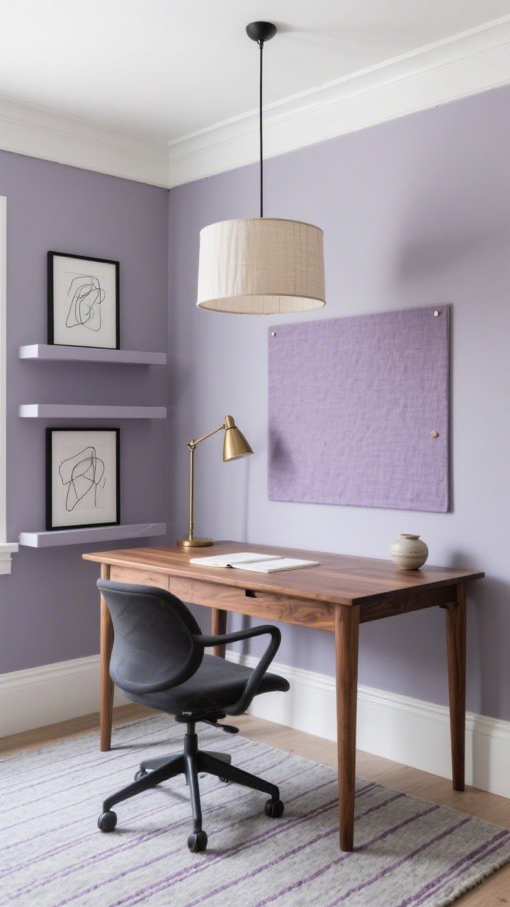 Medium shot, straight-on desk wall: A lavender-gray home office with whiter-than-white trim for crisp definition. Smoked-oak writing desk with a sculptural charcoal task chair. Minimalist drum pendant overhead diffuses light; a slender brass desk lamp adds warmth at eye level. Built-in shelves painted to match the lavender-gray walls, styled minimally. Flatweave rug in soft gray with subtle lavender pinstripes. Black-framed abstract line drawings on the wall. A dusty lilac linen pinboard above the desk and a small ceramic catchall. Serene, focused atmosphere, photorealistic.