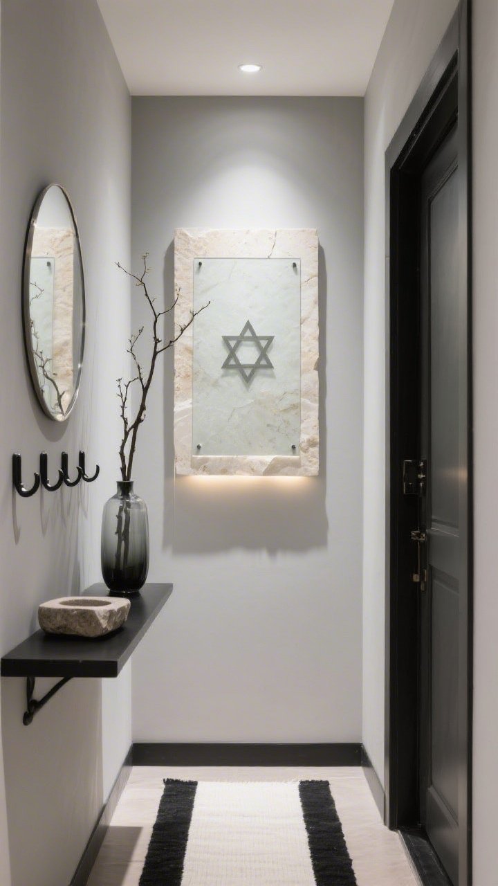 Medium shot, straight-on entryway: A sleek, narrow entry featuring a frosted glass panel etched with a Star of David mounted over a subtly backlit creamy travertine slab, creating a soft, luxe glow. Pale stone/linen gray walls, a slim black console with a shallow stone catchall, and a tall branch arrangement in a smoked-glass vase. Charcoal-and-ivory runner underfoot, blackened steel hooks aligned on the wall, and a thin rounded-rectangle mirror with a metal frame echoing the console. Layered lighting from recessed pin spots plus the backlit panel, gallery-grade ambiance.