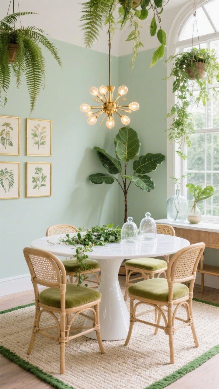 Medium shot, straight-on greenhouse vibe: Walls painted creamy sage frame a white glossy tulip-style dining table surrounded by cane-back chairs with pale moss velvet seat cushions. Above, a brass sputnik chandelier fitted with warm LED bulbs adds sparkle. Layered plants at different heights: hanging ferns, a tall fiddle-leaf fig in the corner, and a tabletop centerpiece of trailing ivy. Grounded by a woven cream rug with a green border. Vintage botanical prints in thin gold frames on the wall, and glass cloches with clear vases catching light on a nearby console. Luminous, fresh, photorealistic.