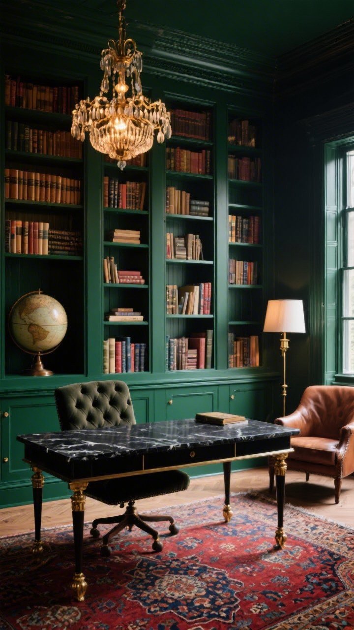 Medium shot, straight-on library wall: A luxe moody office with floor-to-ceiling built-in bookcases painted deep bottle green, filled with linen-bound books and an antique-style globe. In front, a black marble-top desk with brass hardware and a tufted velvet desk chair in deep forest stands on a Persian-style rug with rich reds and indigo. Overhead, a statement chandelier in aged brass glows warmly. Off to the side, a leather club chair by a window with a standing reading lamp suggests a secondary perch. Dramatic, layered lighting and jewel-toned palette. Photorealistic.