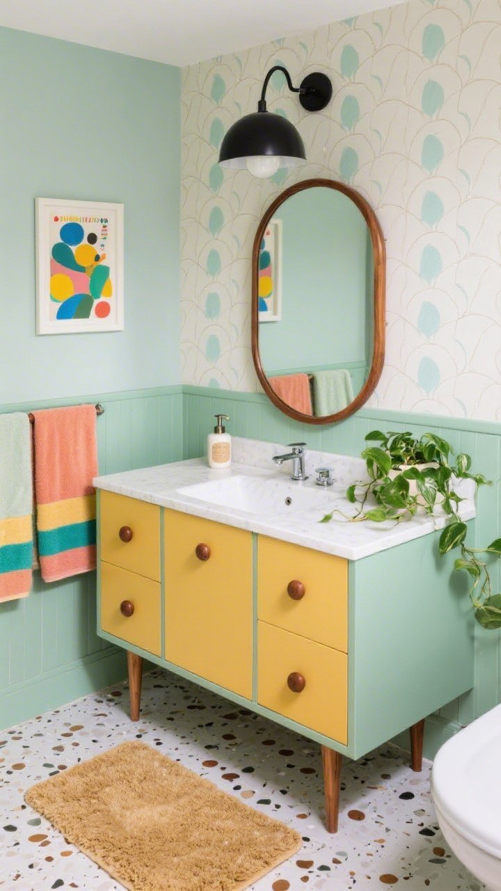 Medium shot, straight-on of playful mid-century pop: vanity in muted sage (or mustard) with tapered mid-century pulls and round knobs, rounded-corner walnut mirror above, globe vanity light in matte black. One wall showcases graphic peel-and-stick wallpaper with scallops or mini terrazzo. Flooring in terrazzo-look vinyl or tiny penny rounds. Textiles: color-blocked towels and a nubby bath mat. Accents include a retro soap pump, a small pothos plant, and a cheerful playful art print. Bright, retro-modern, photogenic energy.