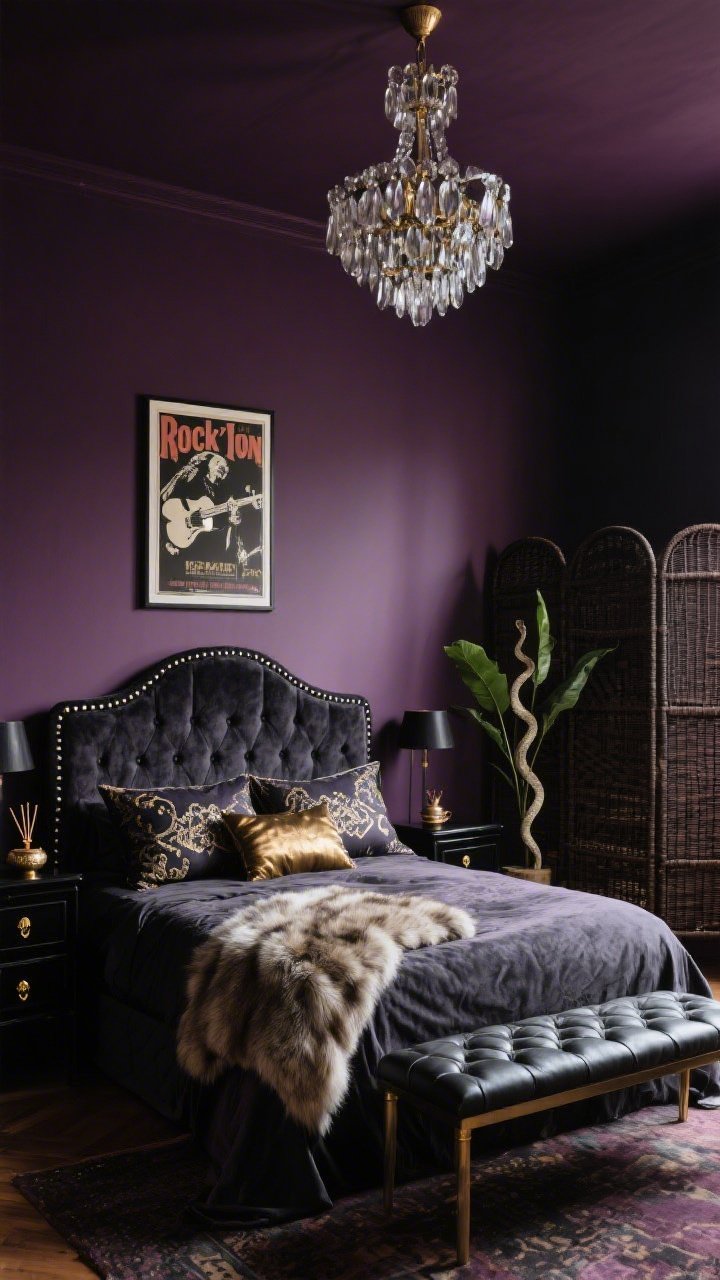 Medium shot, straight-on: Rock ‘n’ ritual boho with luxe edge—walls in inky plum, a charcoal velvet upholstered bed with nailhead trim, metallic-thread embroidered shams, and a plush faux-fur throw spilling over the side. Overhead, a smoky crystal chandelier sparkles; black lacquer nightstands with brass pulls flank the bed with an incense burner on one. A low-profile quilted leather bench sits at the foot, and a woven dark rattan room divider and tall snake plant ground the scene. A framed vintage band poster adds attitude. Palette: plum, charcoal, brass, smoky quartz. Sultry, dimmed chandelier glow with soft shadows.