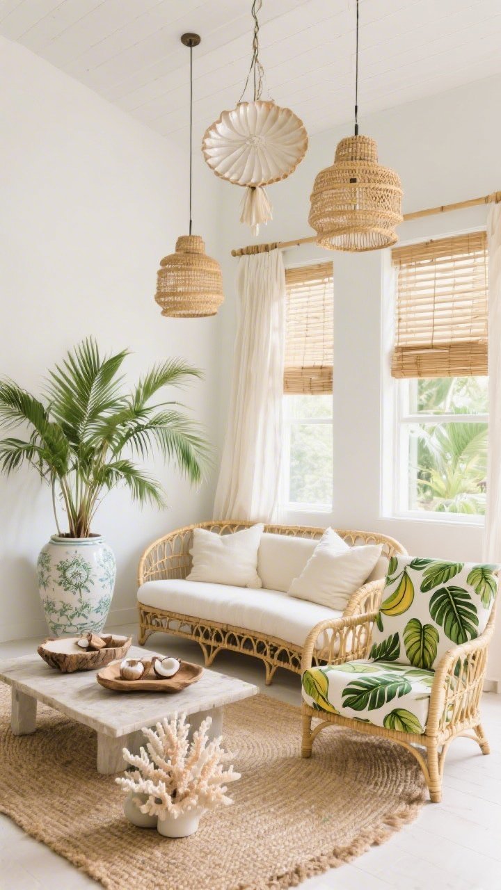 Medium shot, straight-on: Tropical boho seating zone with white walls, a rattan curved sofa layered with cream cushions, a statement accent chair upholstered in banana leaf print, and a sisal-tone rug; large ceramic vessels filled with palm fronds; trio of woven pendant lights overhead; bamboo blinds with airy linen curtains filtering sunlight; accents including a capiz shell chandelier element, driftwood tray on a low table, and coral-inspired ceramics; palette of leafy green, sand, coconut white, and golden rattan; bright natural daylight, photorealistic.