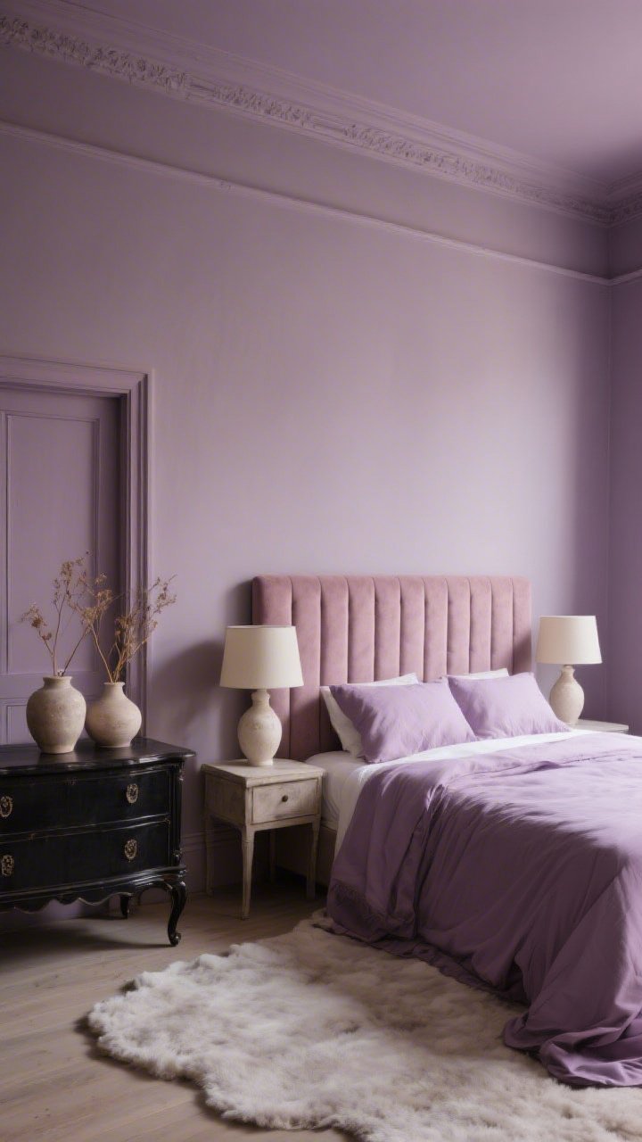 Medium shot, straight-on view of a tone-on-tone sanctuary wrapped in smoky mauve—walls, baseboards, and door—all in the same hue; bed layered with slightly lighter mauve bedding and a channel-tufted headboard in dusty rose; creamy plaster lamps on side tables; a vintage ebony dresser providing contrast; a cloudlike rug underfoot; accents of pale stoneware vases with dried stems; serene, sultry lighting, no people, photorealistic.