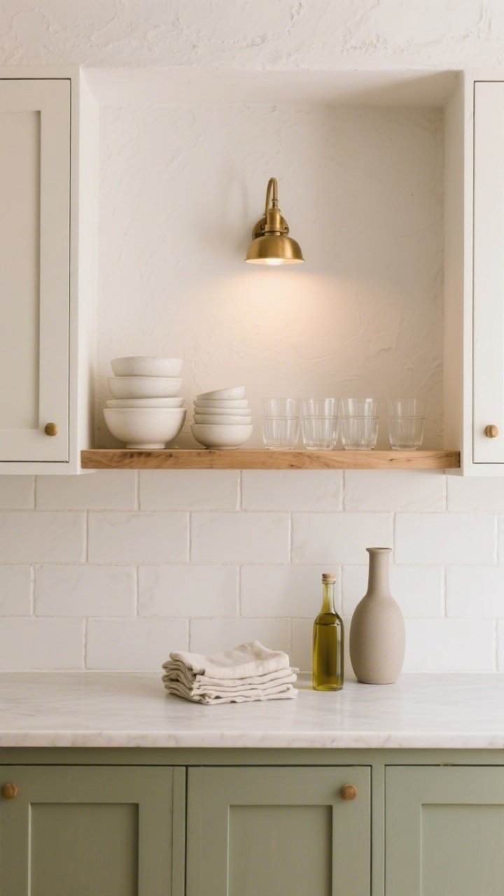 Medium shot, straight-on: Warm minimal kitchen wall with plastered white walls and a single white oak floating shelf stretching between two cabinets; display is purposeful—neatly stacked everyday white stoneware bowls, a row of clear glass tumblers, one small stack of linen napkins, and a taller matte ceramic olive oil bottle for a quiet silhouette; off-white zellige tile backsplash with minimal grout subtly textured behind; a soft brass sconce above casts a warm evening glow; color story white, oak, soft brass, with tiny sage accents; generous negative space between groupings, fresh and uncluttered.