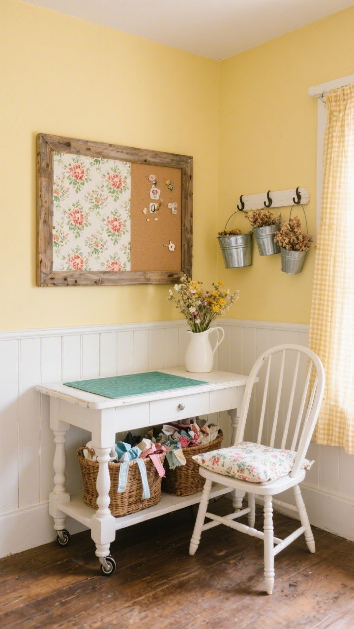 Medium shot, Sunny Cottage Scrap Studio: buttercream yellow walls with white beadboard wainscoting, a floral pinboard framed in vintage wood, a compact white farmhouse table with turned legs holding cutting mats, rolling cart with wicker baskets full of fabric scraps and ribbon, white spindle chair with a chintz cushion, enamel buckets on hooks, dried flowers in a pitcher, gingham curtain filtering soft daylight; cozy cottage vibe, straight-on angle.