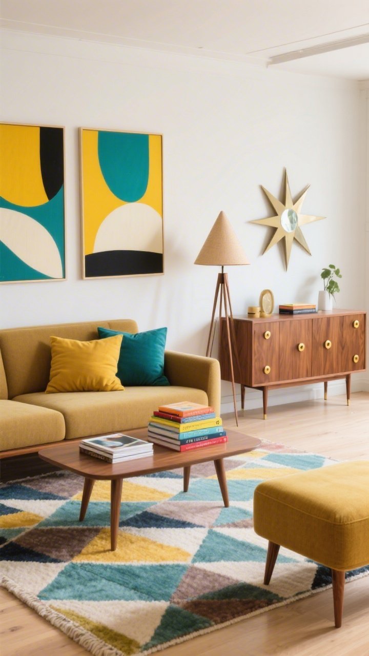 Medium shot, Sunny Mid-Century Mix vignette: sofa updated with mustard and teal pillows; geometric patterned rug underfoot in retro hues; warm walnut sideboard (or restyled console) with brass knobs, starburst mirror above; tripod floor lamp with a cone shade to one side; coffee table stacked with colorful design books; bold abstract diptych in mustard, teal, cream, and matte black tones nearby; optional tapered wood legs visible on an ottoman; retro-cheerful yet streamlined, photorealistic, eye-level perspective, bright balanced lighting.